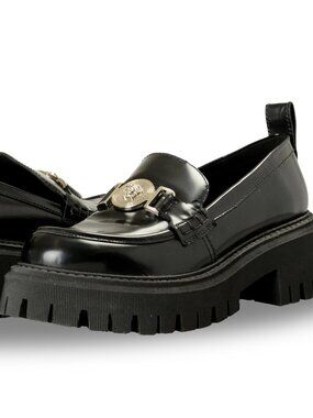 Versace Women's Black 100% Leather Silver Medusa Head Loafers Shoes US 10 IT 40